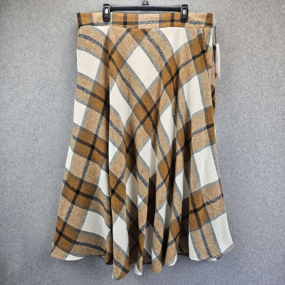 IDIFU Skirt Womens 3XL Brown Plaid A-Line Midi Elastic Waist Casual Modern